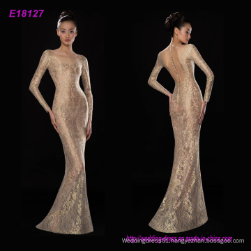 New Fashion Top Quality Transparent Gold Lace Long Sleeves Party Evening Dresses Floor Length Dress